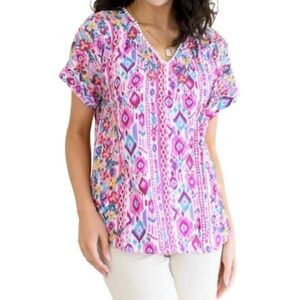 Savanna Jane Yours Truly Embroidered Floral Boho V Neck Short Sleeve Blouse Sz S